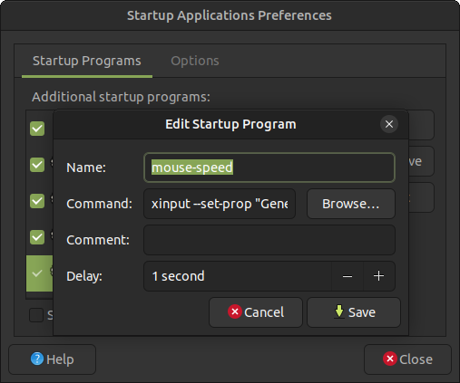 Editing a startup command in "Startup Applications Preferences".