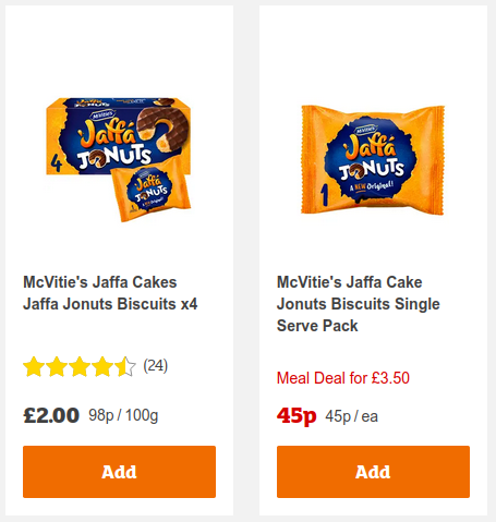 4 Jaffa Jonuts are £2.00; 1 Jaffa Jonut is 45p