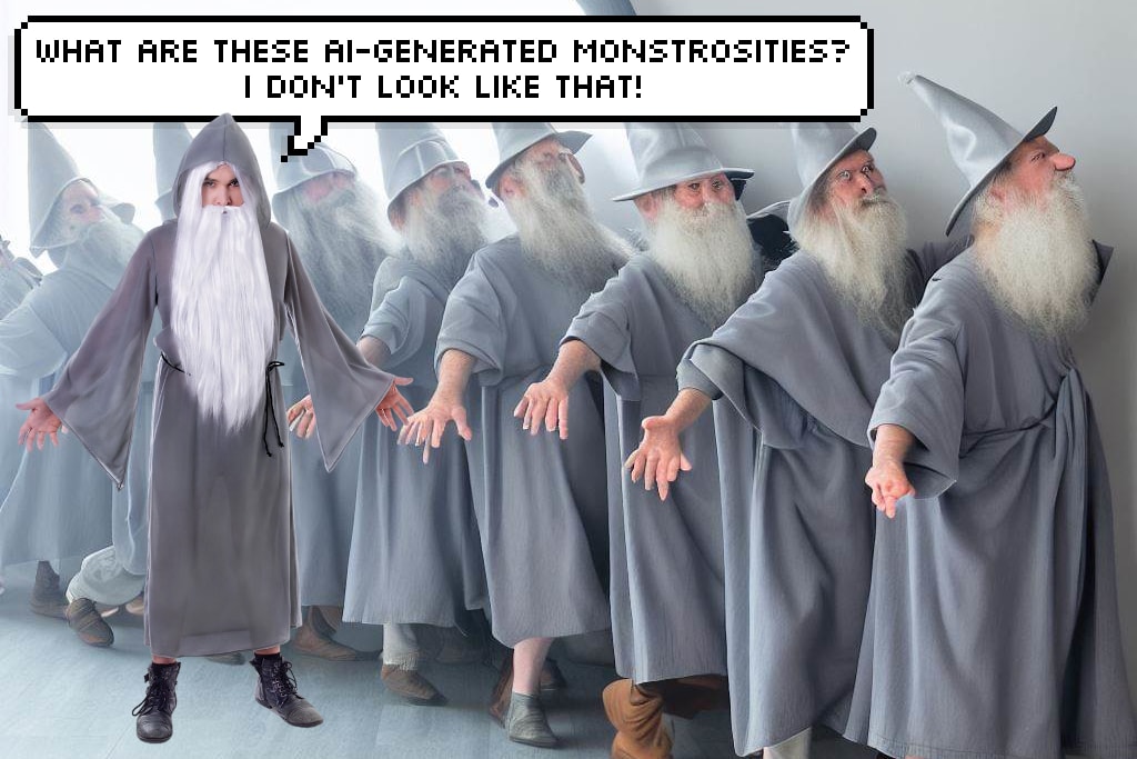 The wizard says "What are these AI-generated monstrosities? I don't look like that!"