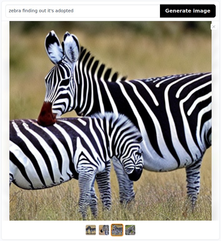 AI-generated image with prompt "zebra finding out it's adopted".